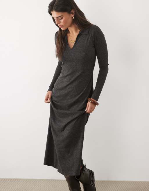 Nobody's Child ribbed jersey soft collared maxi dress in charcoal, 2 of 4