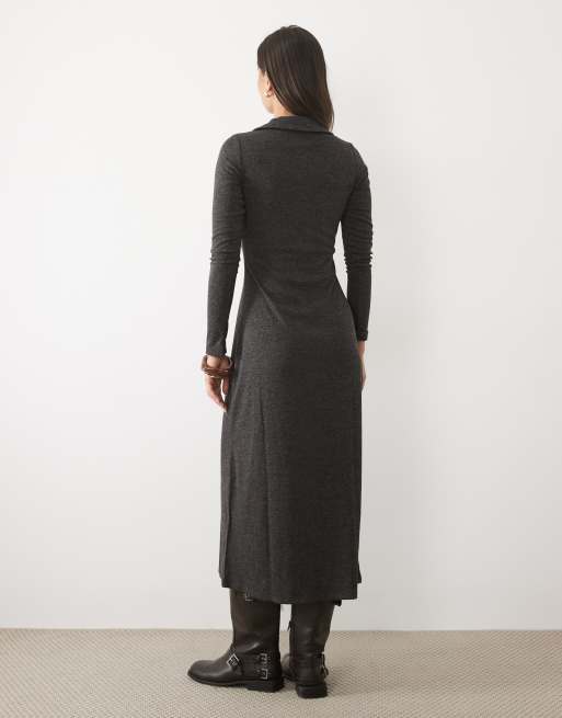 Nobody's Child ribbed jersey soft collared maxi dress in charcoal, 4 of 4