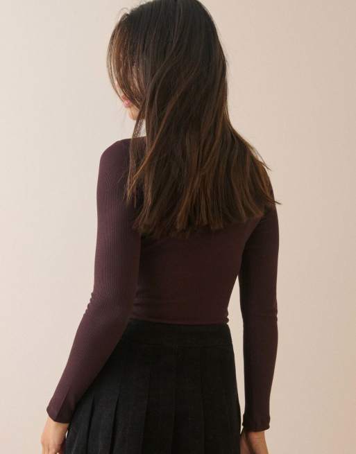 Nobody's Child Ribbed long sleeve top in brown, 2 of 5