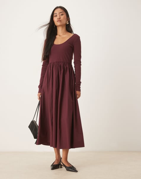 Nobody's Child ribbed scoop neck poplin skirt midaxi dress in burgundy - view 1