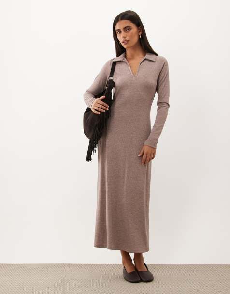 Nobody's Child ribbed soft collared v-neck long sleeve maxi dress in light brown - view 1
