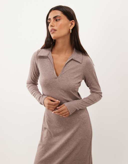Nobody's Child ribbed soft collared v-neck long sleeve maxi dress in light brown, 2 of 4