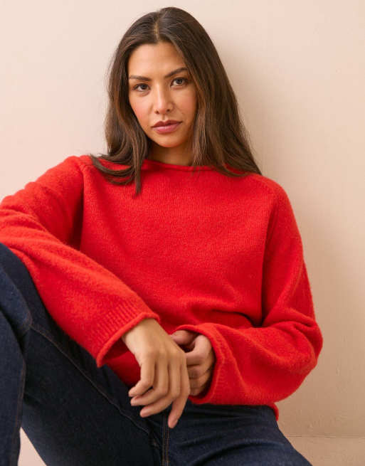 Nobody's Child Ribbed trim boat neck jumper in red, 4 of 5