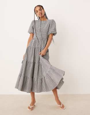 Ricky puff sleeve midi dress in mono gingham-Black