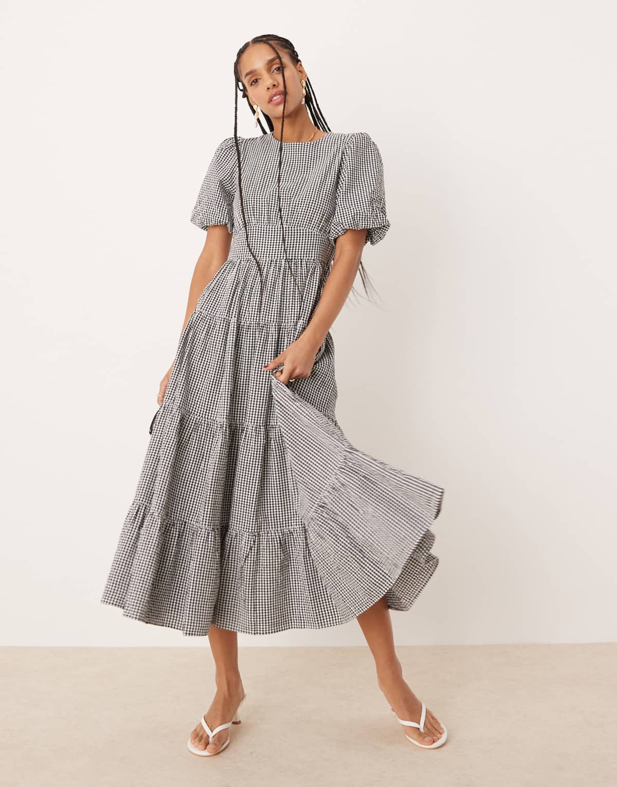 Nobody's Child Ricky puff sleeve midi dress in mono gingham