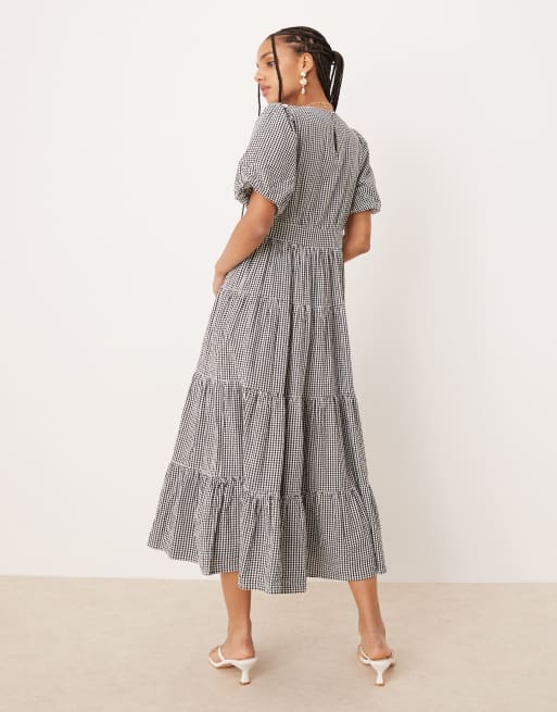 Nobody's Child Ricky puff sleeve midi dress in mono gingham