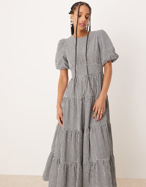 Nobody's Child Ricky puff sleeve midi dress in mono gingham