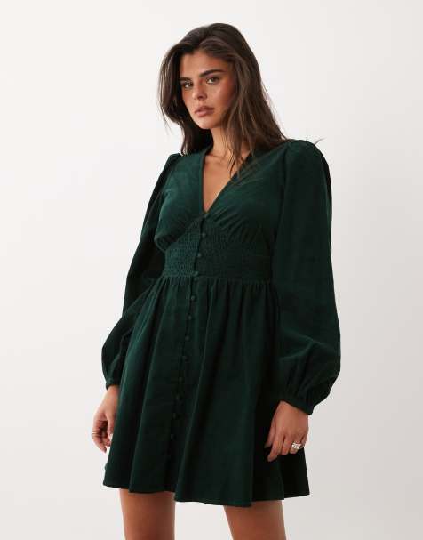 Nobody's Child Riley cord v-neck balloon sleeve shirred waist mini dress in forest green - view 1