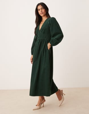 Nobody's Child Nobody's Child Riley cord v-neck midi dress in dark green