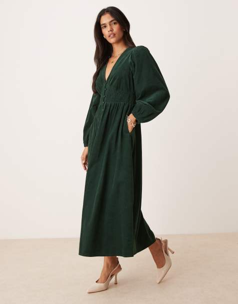 Nobody's Child Riley cord v-neck midi dress in dark green - view 1