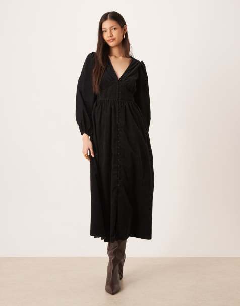 Nobody's Child Riley long sleeve cord midi dress in black - view 1
