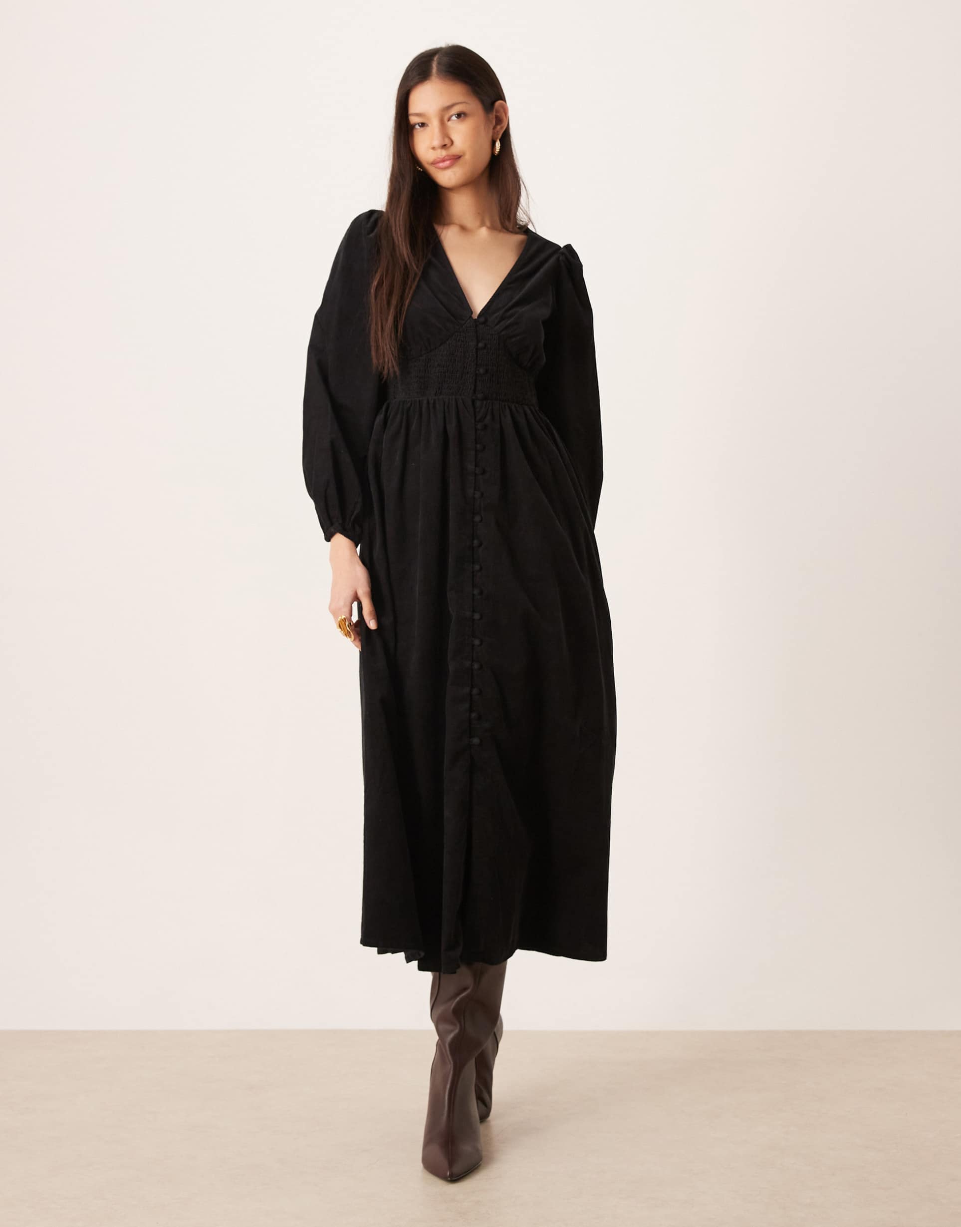 nobody's child riley long sleeve corduroy midi dress in black