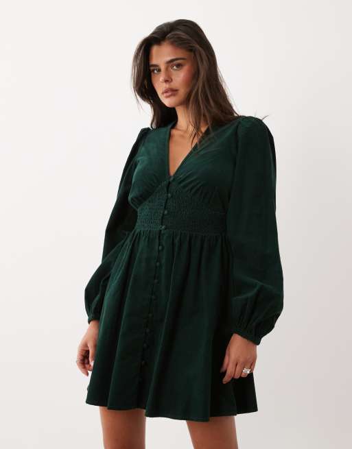 green v neck mini dress Nobody's Child Riley V-neck balloon sleeve shirred waist in forest short dress tight