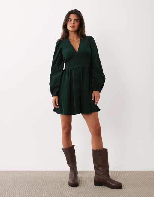 kerry layered balloon sleeve dress forest green red Nobody's Child Riley V-neck shirred waist mini in WHIMSICAL WINTER COLLECTION