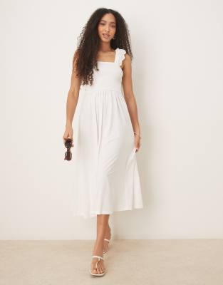 Rita ruffle shoulders eyelet midi dress in white