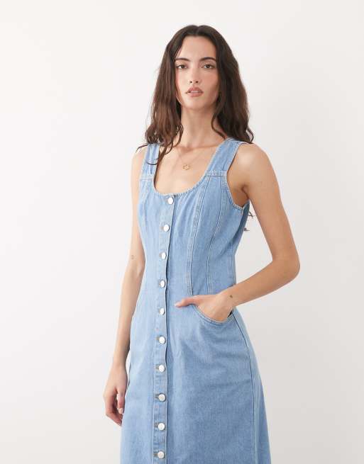 Nobody's Child - Robe boutonnée mi-longue et ajustée en denim - Bleu clair délavé, 2 de 4