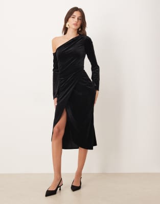 Robe froncée mi-longue en velours à épaule tombante - Noir 42