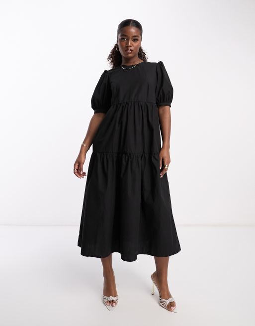 Nobody's Child Rochelle puff sleeve smock midi dress in black | ASOS