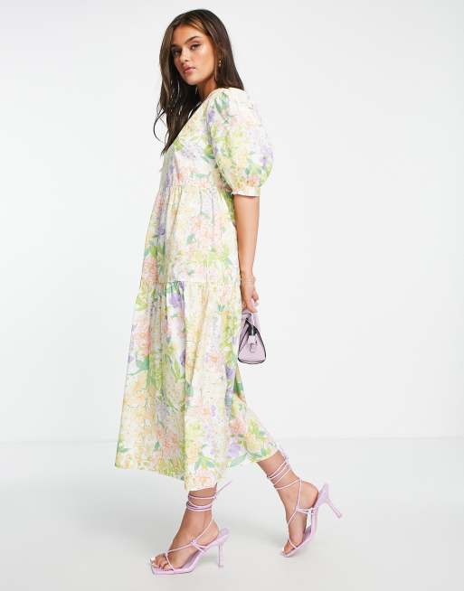 Nobody's Child Rochelle tiered floral print dress in cream ASOS