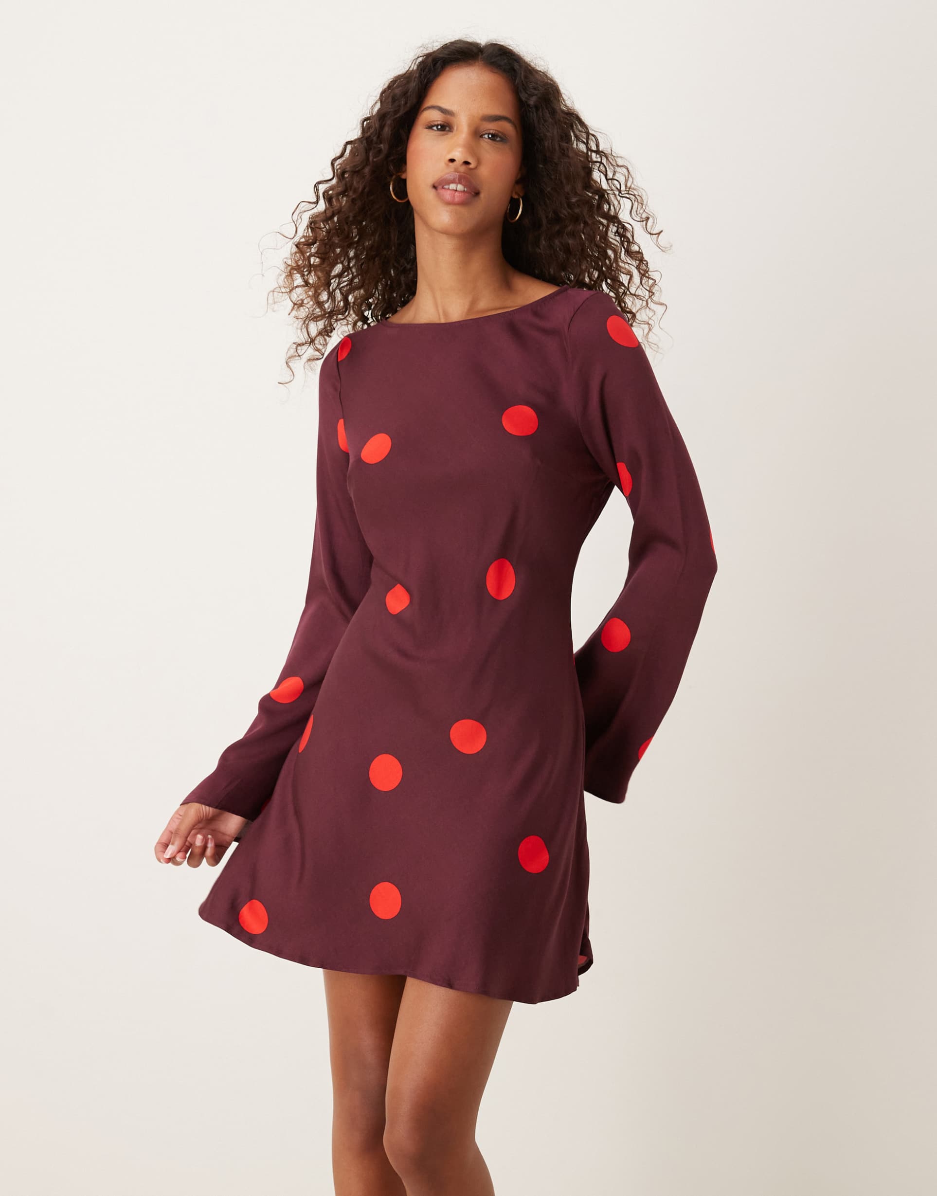 nobody's child romy flare sleeve mini dress in burgundy polka dots