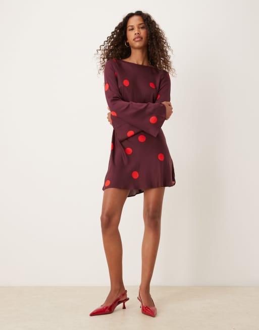 Nobody's Child Romy flare sleeve mini dress in burgundy polka dots | ASOS