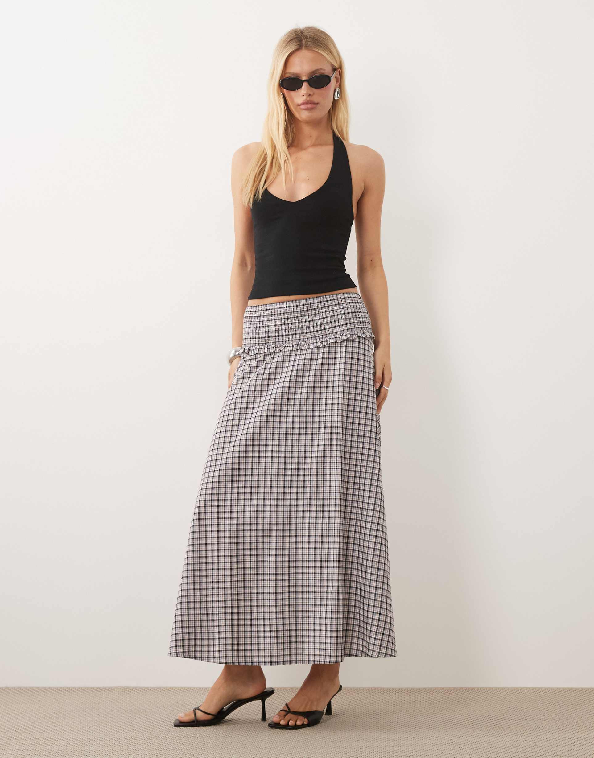 nobody's child ronda shirred waist maxi skirt in pink plaid