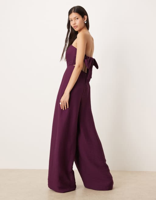 Nobody's Child Rory bandeau textured open tie back wide leg jumpsuit in plum, 2 of 4