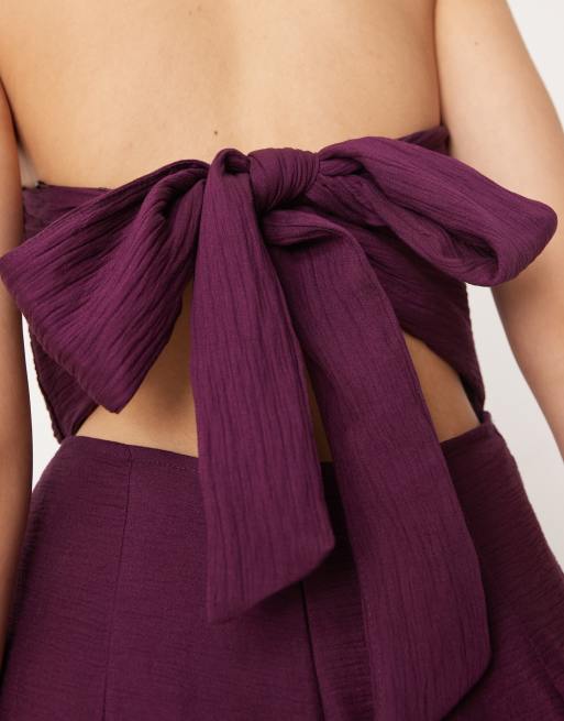 Nobody's Child Rory bandeau textured open tie back wide leg jumpsuit in plum, 3 of 4