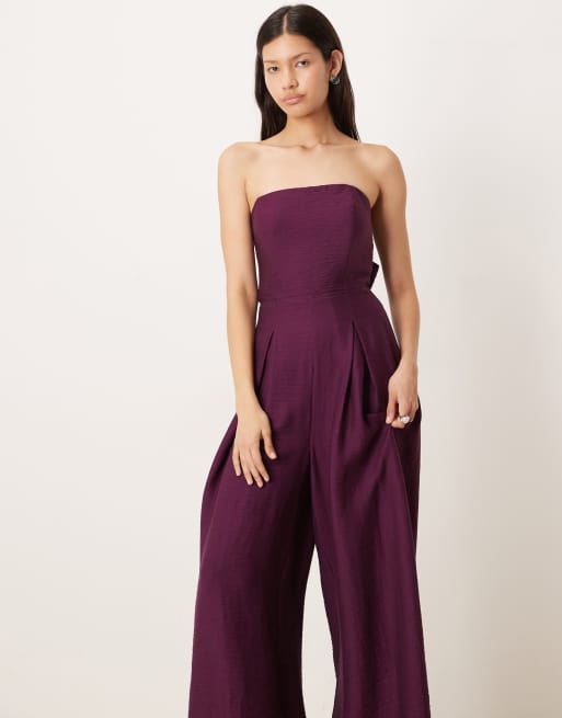Nobody's Child Rory bandeau textured open tie back wide leg jumpsuit in plum, 4 of 4