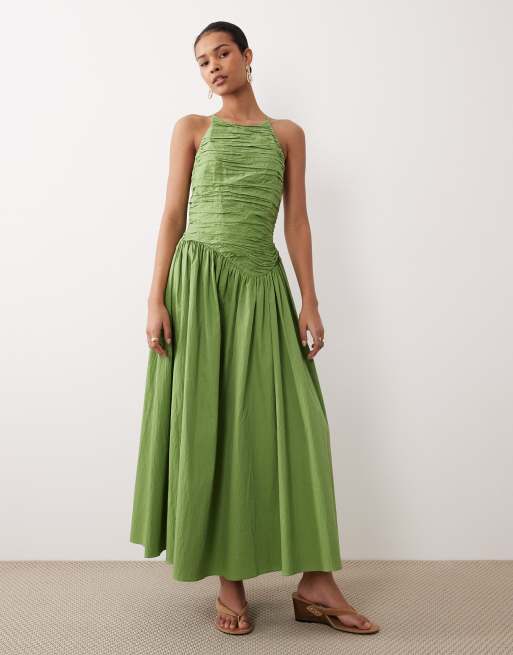 Nobody's Child Rosabel occasion cotton blend sleeveless ruched bodice open  back maxi dress in green | ASOS
