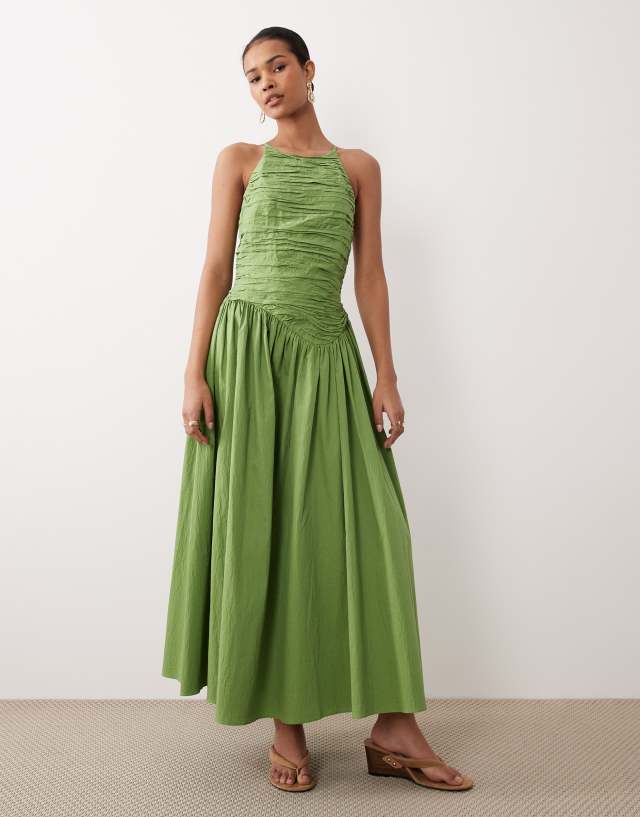 but not a real green dress Nobody's Child Rosabel occasion cotton blend sleeveless ruched bodice open back maxi in rachel green dresses
