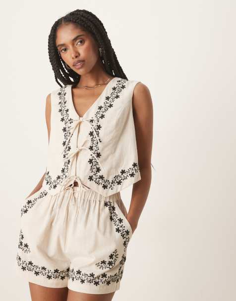 Nobody's Child Rosie embroidered waistcoat co-ord in beige