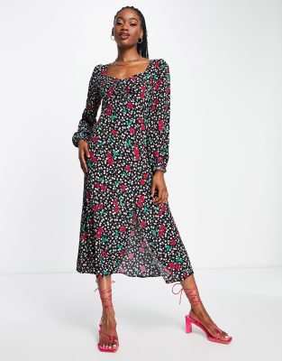 Nobody's Child Rosie cherry & spot print midi dress in black