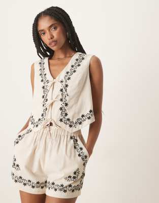 Rosie embroidered vest in beige - part of a set-Brown