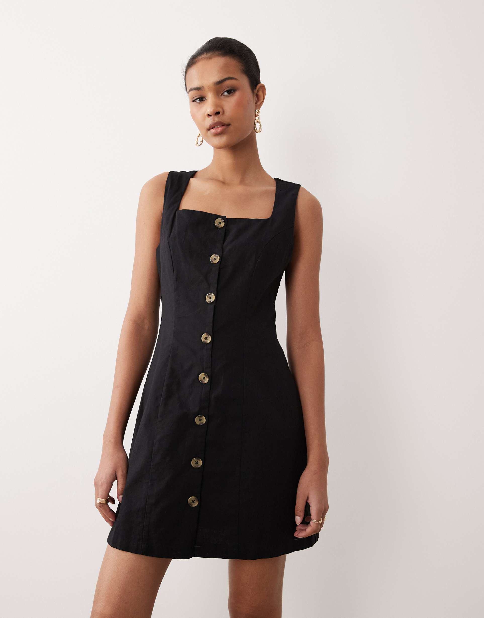 nobody's child rosie square neck button front mini dress in black