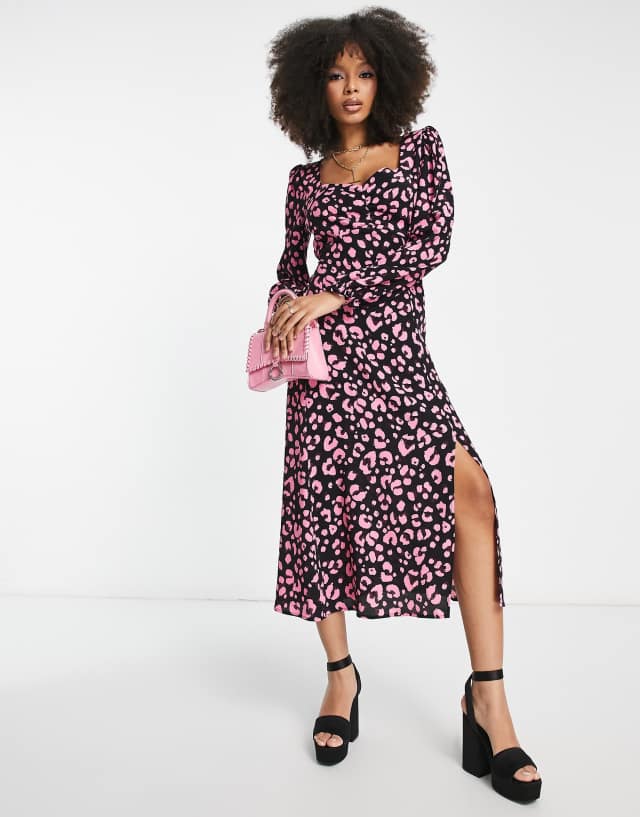 Nobody's Child Rosie sweetheart midi dress in pink leopard