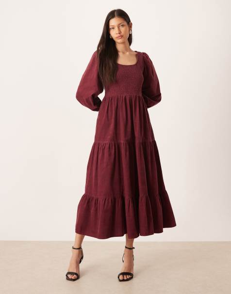 Nobody's Child Ruby corduroy shirred detailing balloon sleeve tiered midi dress in burgundy - view 1