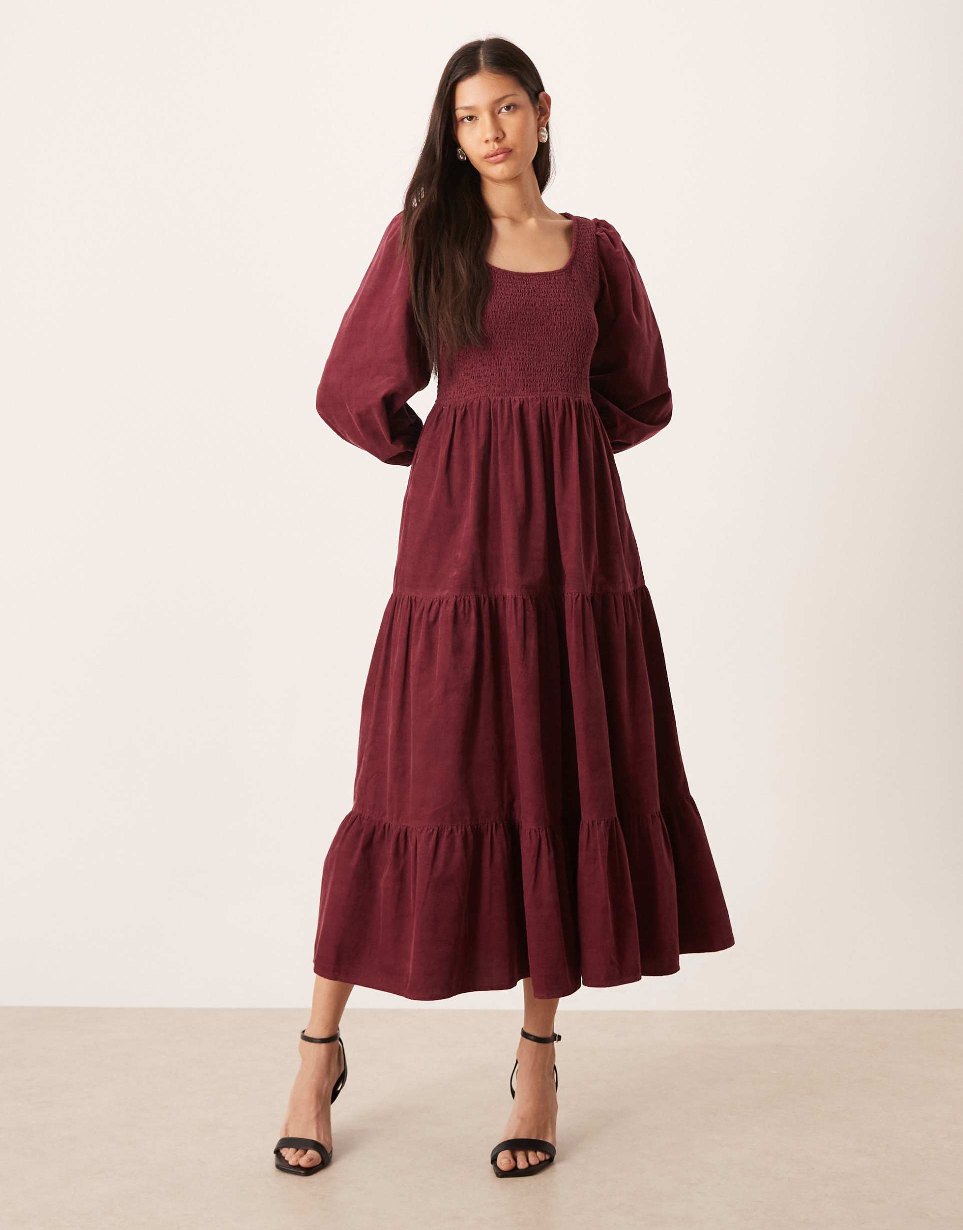 nobody's child ruby corduroy shirred detailing balloon sleeve tiered midi dress in burgundy