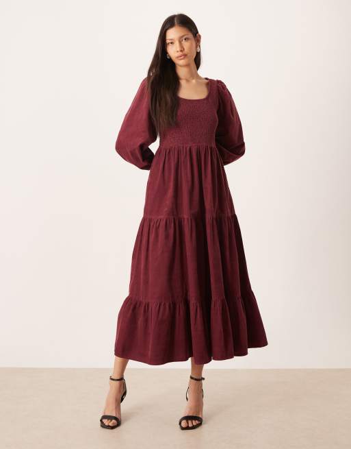Nobody's Child Ruby corduroy tiered long sleeve midi dress in burgundy