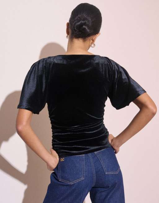 Nobody's Child Ruched velvet top in black, 2 of 5