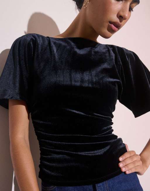 Nobody's Child Ruched velvet top in black, 3 of 5