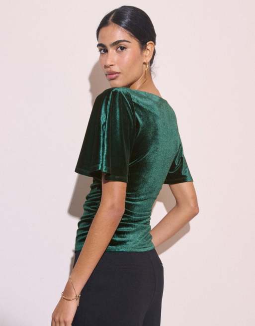 Nobody's Child Ruched velvet top in green, 2 of 5