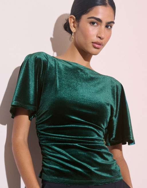 Nobody's Child Ruched velvet top in green, 3 of 5