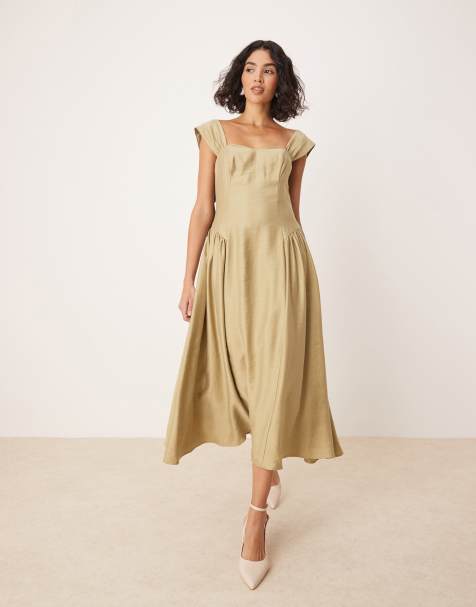 Nobody's Child – Rue – Midikleid in Khaki mit Schleifen-Trägern und Strukturdesign - view 1
