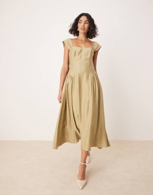 Rue structured midi dress with bow straps in khaki-Green