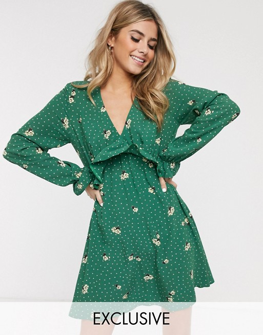 Nobody's Child ruffle front mini dress in green spot and floral