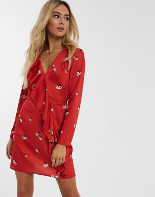 red floral wrap mini dress