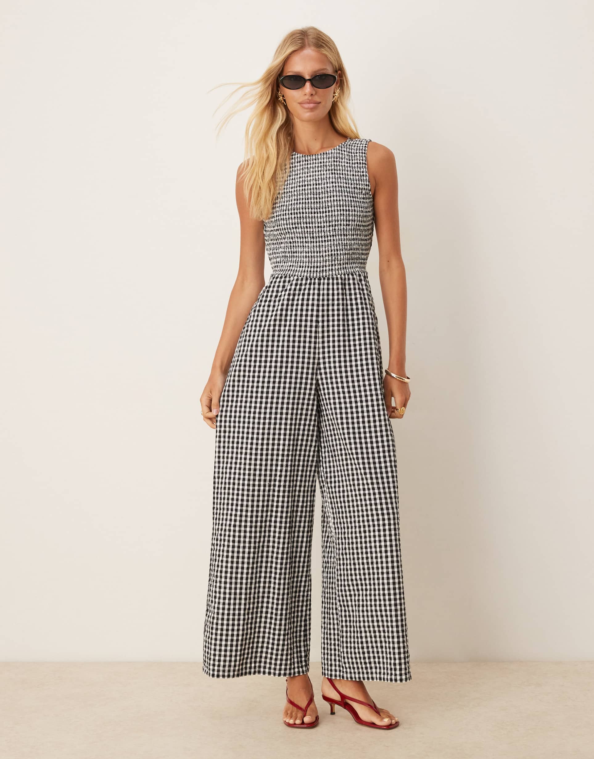 nobody's child ruth gingham shirred jumpsuit in mono