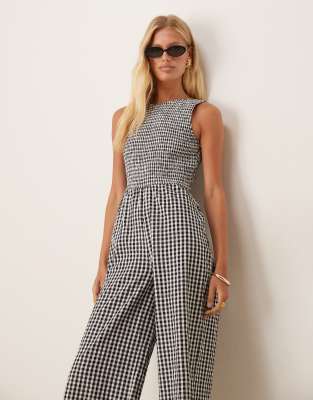 Nobody's Child Ruth Gingham Shirred Jumpsuit In Gray