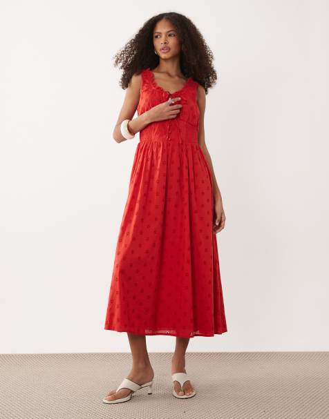 Nobody's Child – Rylee – Midikleid aus Baumwolle in Rot mit Lochstickerei und Schnürung vorn - view 1